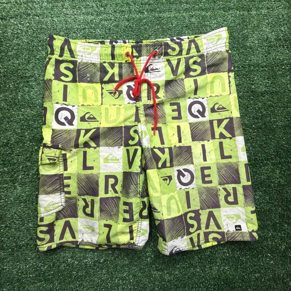 Quiksilver Mens Board Shorts Lime Green Black Checkered Letter Print Size 32